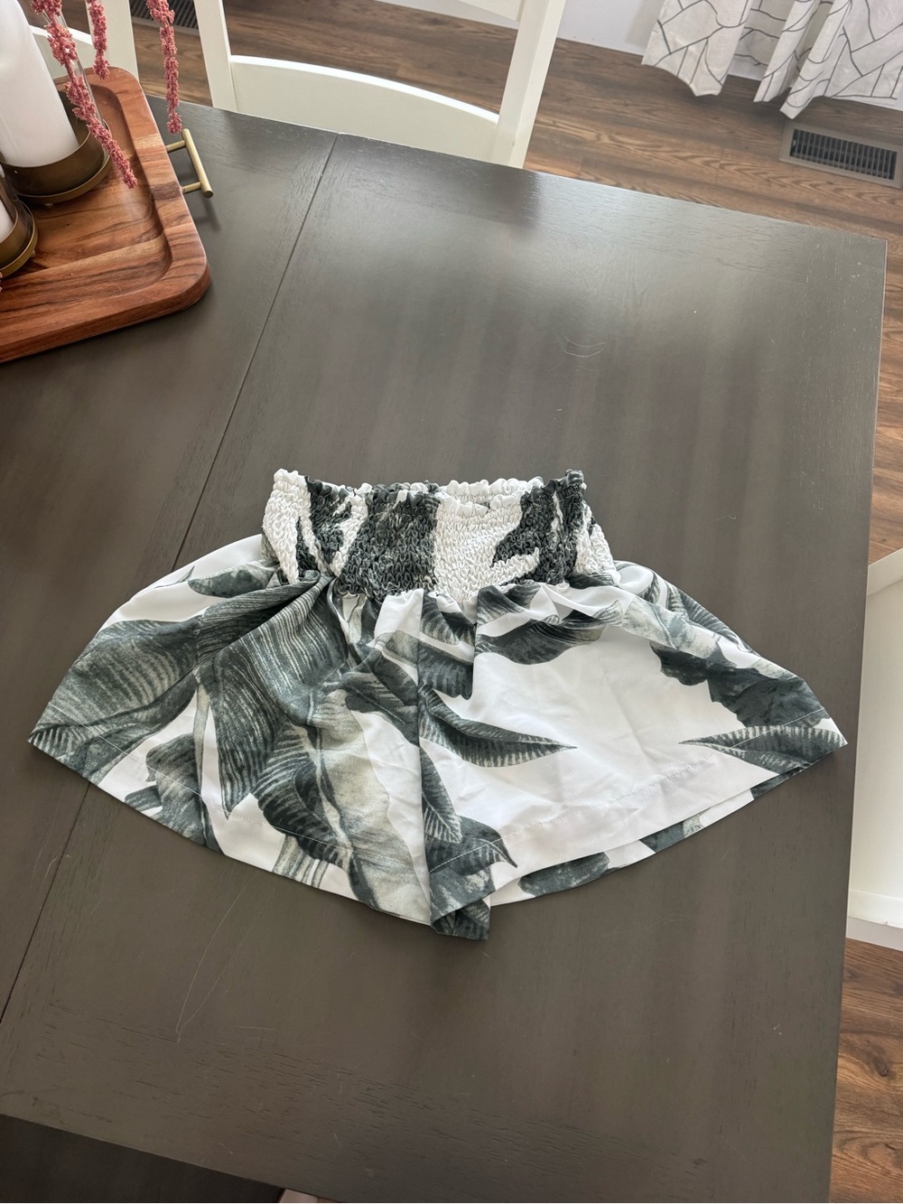 TCEC White Shorts with Green Palm Print and Smocked Waist